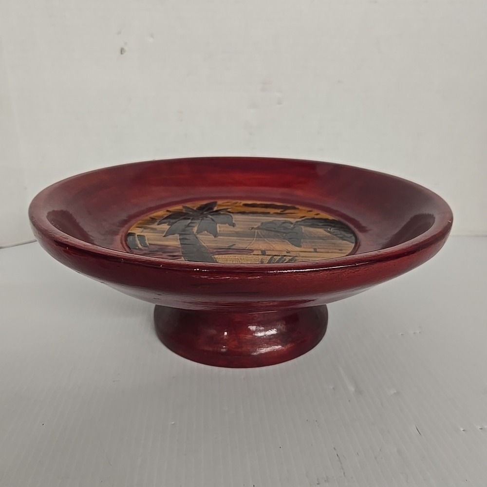 Vintage Hand Carved Fiji Redwood Pedestal Bowl Wood Candy Dish 8" Diameter